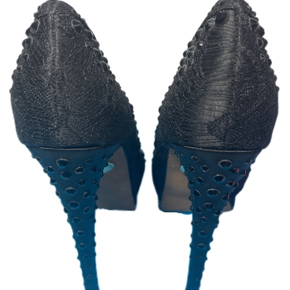 Betsey Johnson Black Rhinestone lace romantic goth peep toe stilettos 6M - Picture 7 of 8